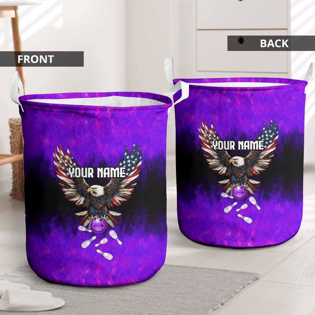 Personalized Patriotic Eagle Bowling Laundry Basket with Purple Flames USA Flag Wings Design - Wonder Print Shop
