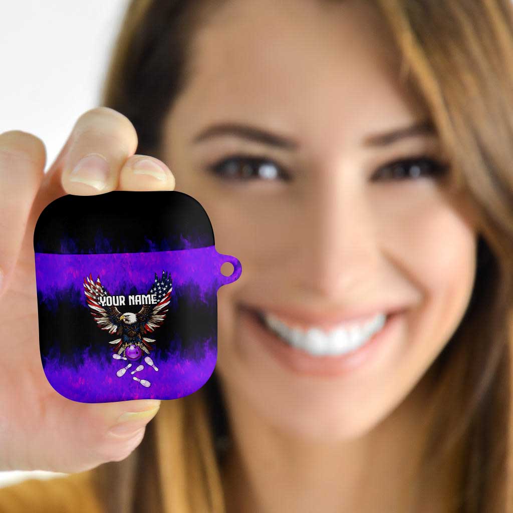 Personalized Patriotic Eagle Bowling AirPods Case with Purple Flames USA Flag Wings Design - Wonder Print Shop