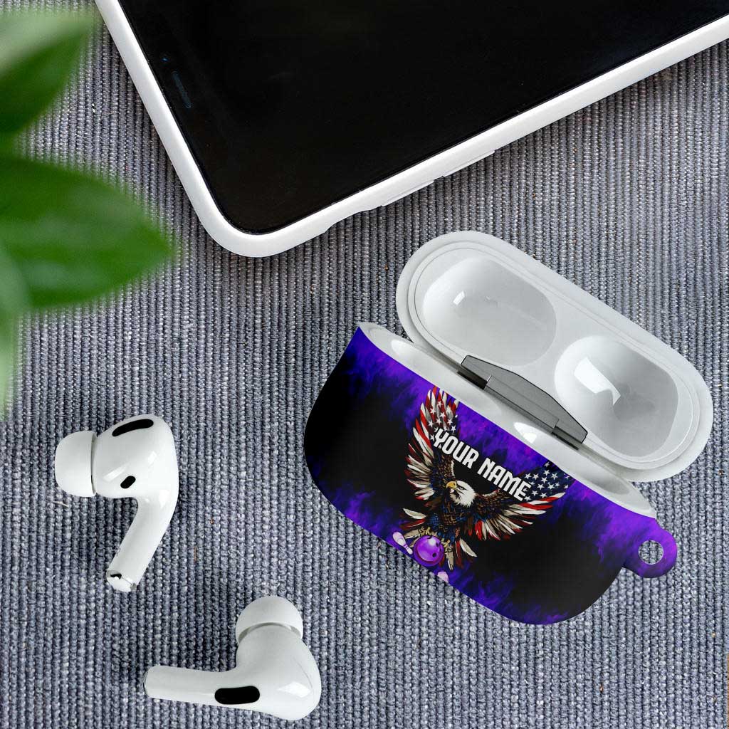 Personalized Patriotic Eagle Bowling AirPods Case with Purple Flames USA Flag Wings Design - Wonder Print Shop