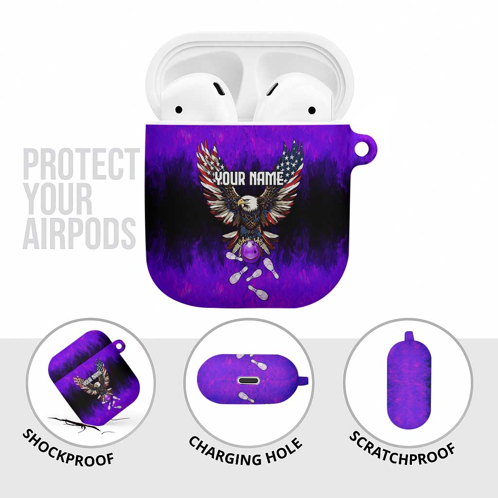 Personalized Patriotic Eagle Bowling AirPods Case with Purple Flames USA Flag Wings Design - Wonder Print Shop