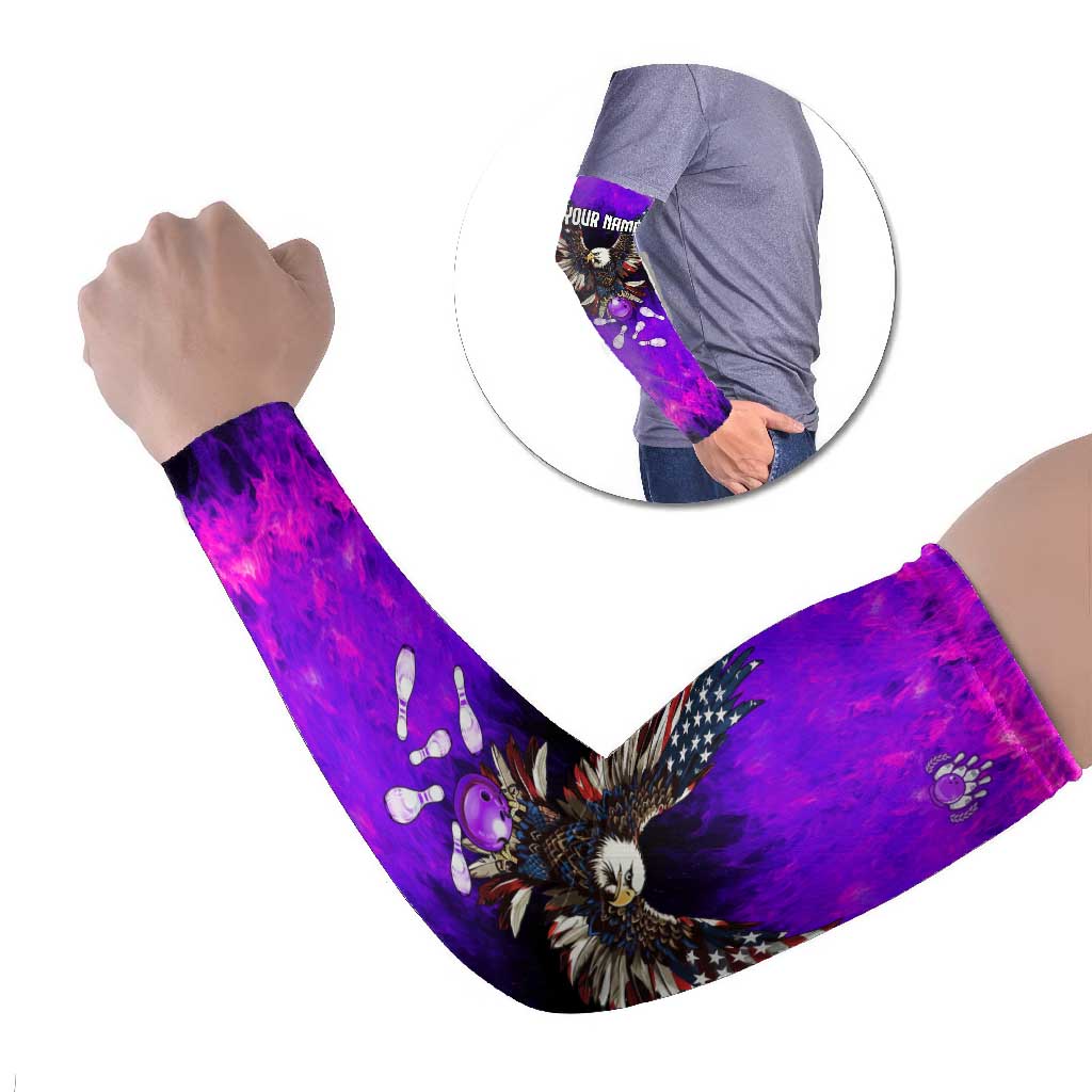 Personalized Patriotic Eagle Bowling Arm Sleeves with Purple Flames USA Flag Wings Design - Wonder Print Shop