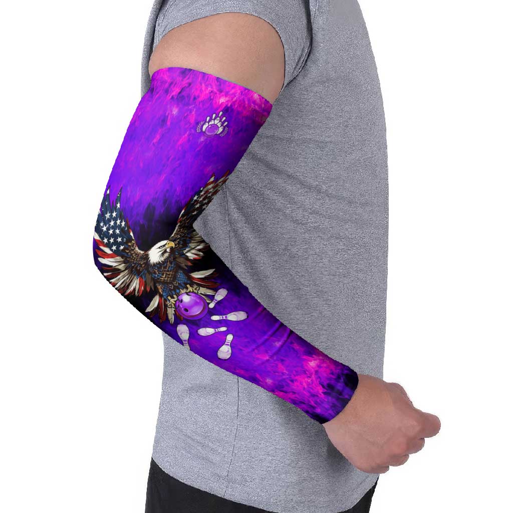 Personalized Patriotic Eagle Bowling Arm Sleeves with Purple Flames USA Flag Wings Design - Wonder Print Shop