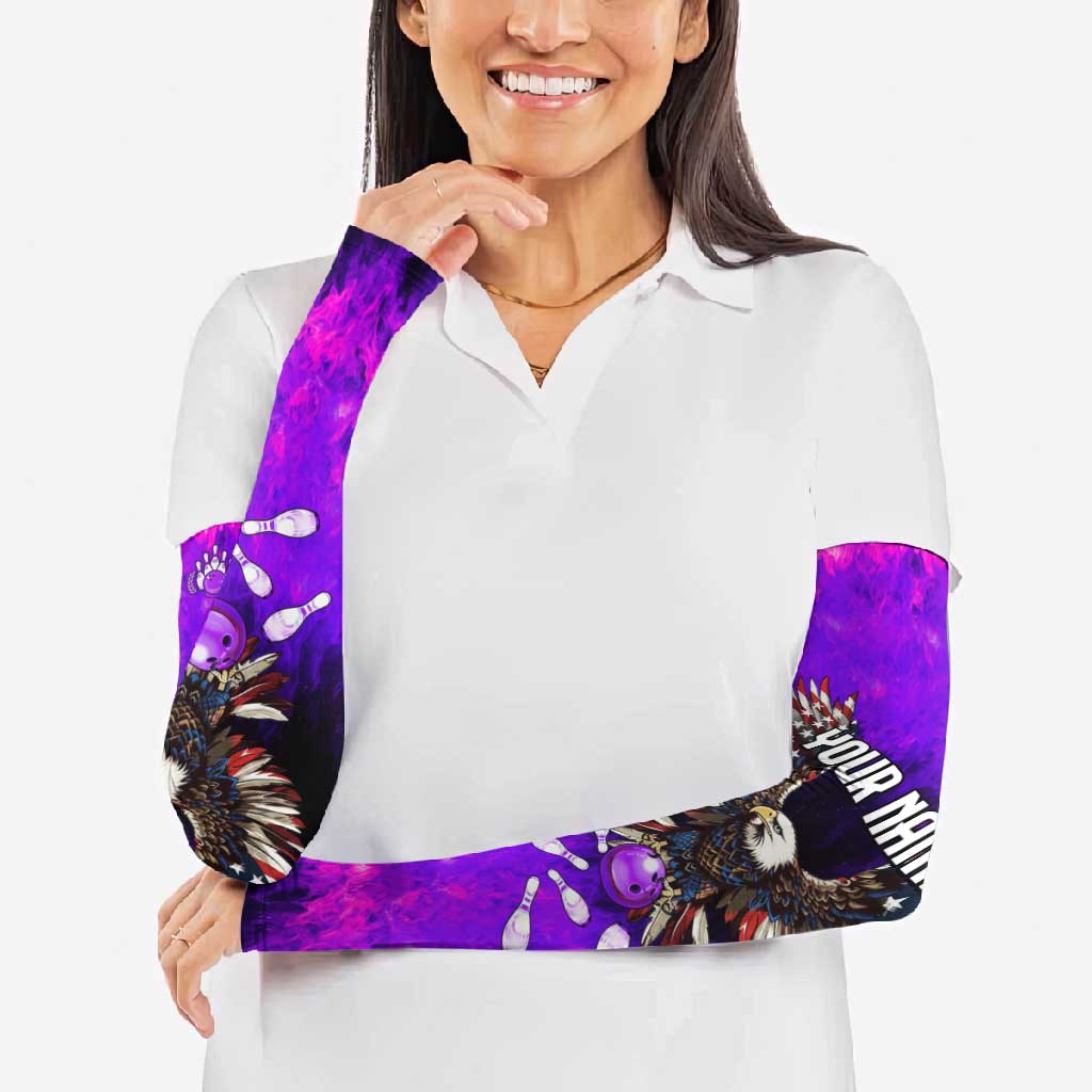 Personalized Patriotic Eagle Bowling Arm Sleeves with Purple Flames USA Flag Wings Design - Wonder Print Shop