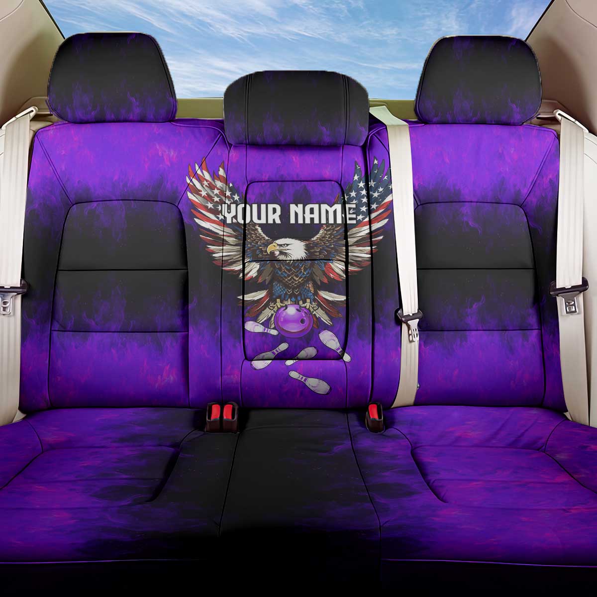 Personalized Patriotic Eagle Bowling Back Car Seat Cover with Purple Flames USA Flag Wings Design - Wonder Print Shop