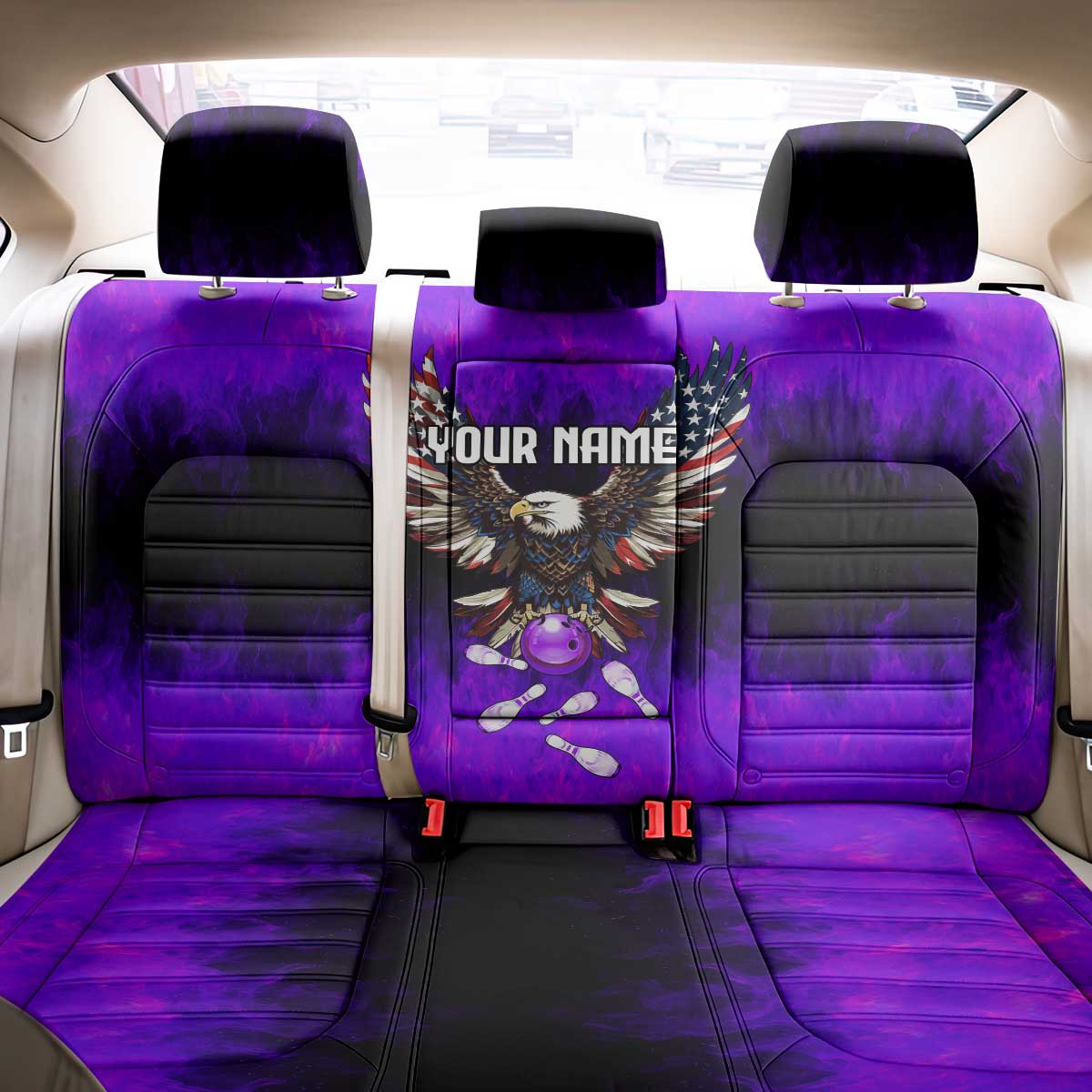 Personalized Patriotic Eagle Bowling Back Car Seat Cover with Purple Flames USA Flag Wings Design - Wonder Print Shop