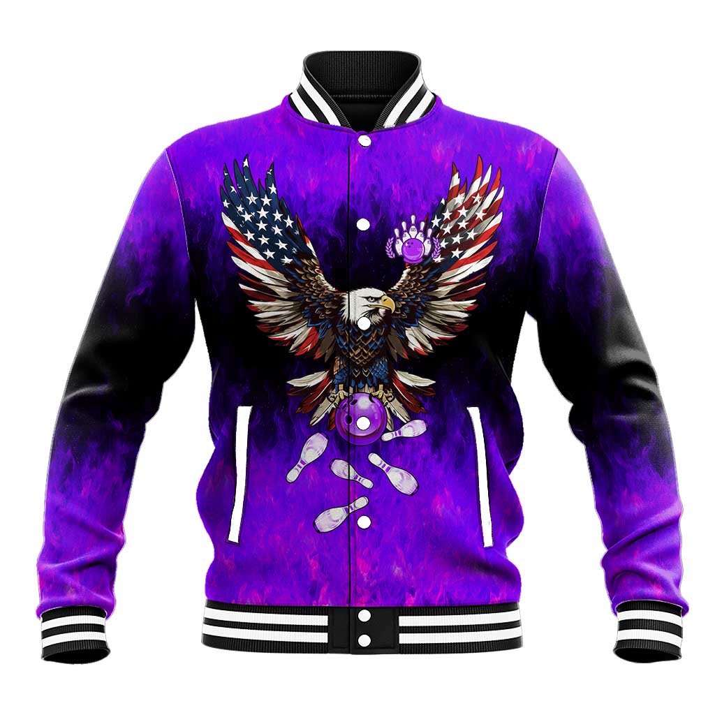 Personalized Patriotic Eagle Bowling Baseball Jacket with Purple Flames USA Flag Wings Design - Wonder Print Shop