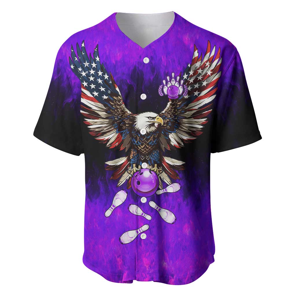 Personalized Patriotic Eagle Bowling Baseball Jersey with Purple Flames USA Flag Wings Design - Wonder Print Shop