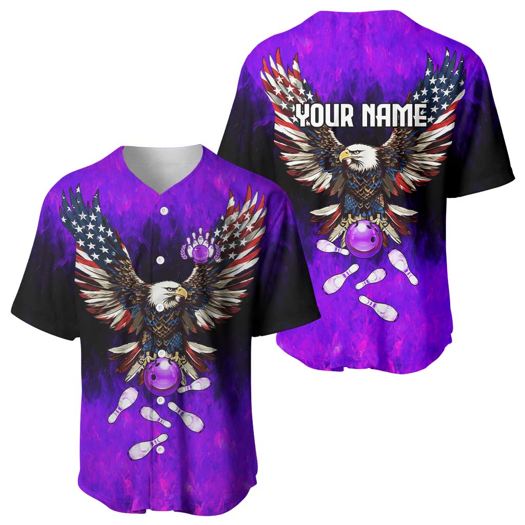Personalized Patriotic Eagle Bowling Baseball Jersey with Purple Flames USA Flag Wings Design - Wonder Print Shop