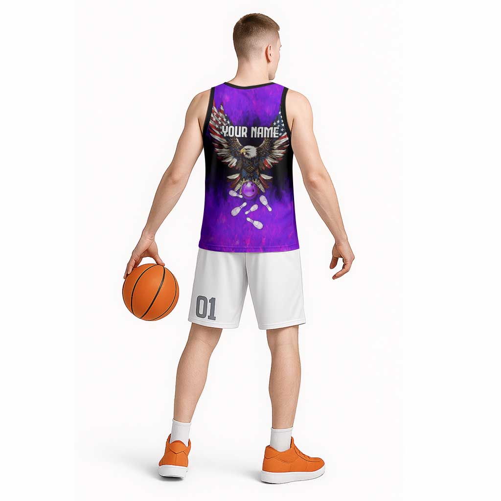Personalized Patriotic Eagle Bowling Basketball Jersey with Purple Flames USA Flag Wings Design - Wonder Print Shop