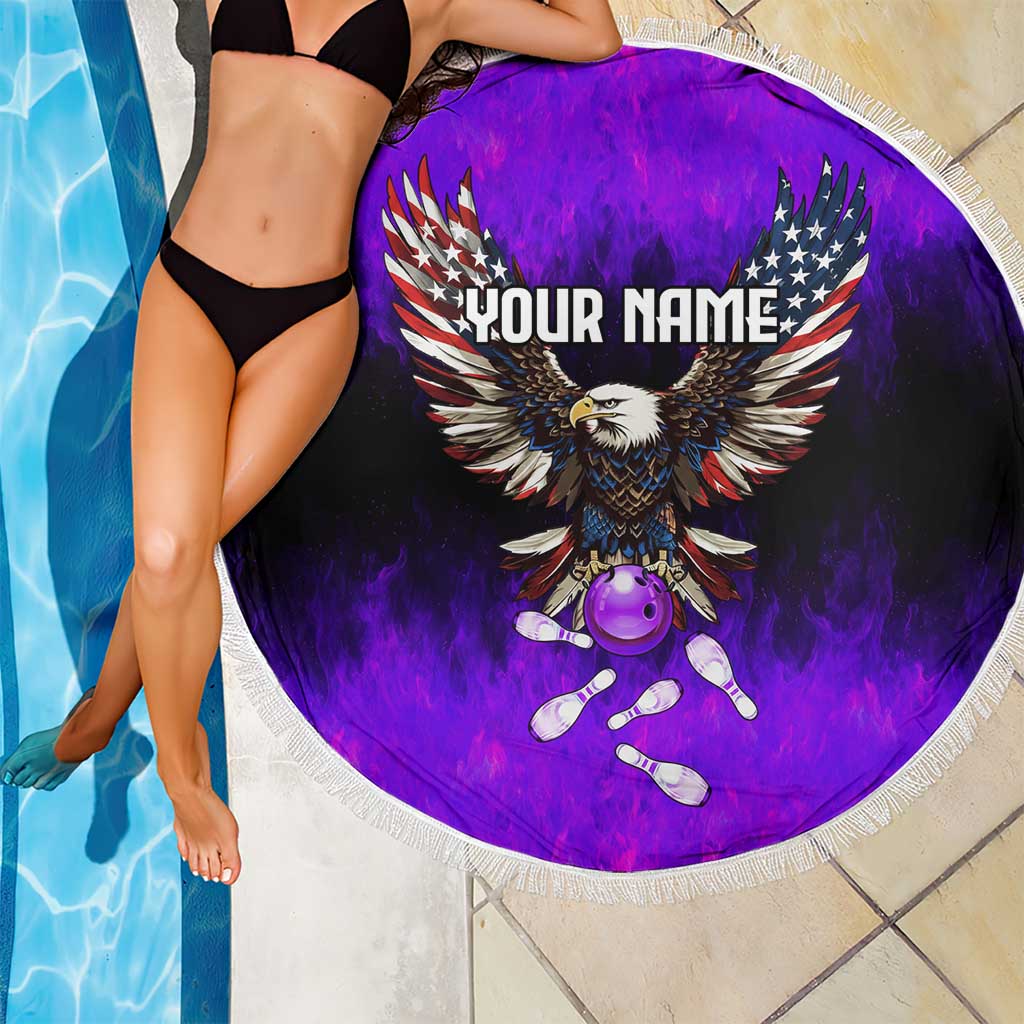 Personalized Patriotic Eagle Bowling Beach Blanket with Purple Flames USA Flag Wings Design - Wonder Print Shop