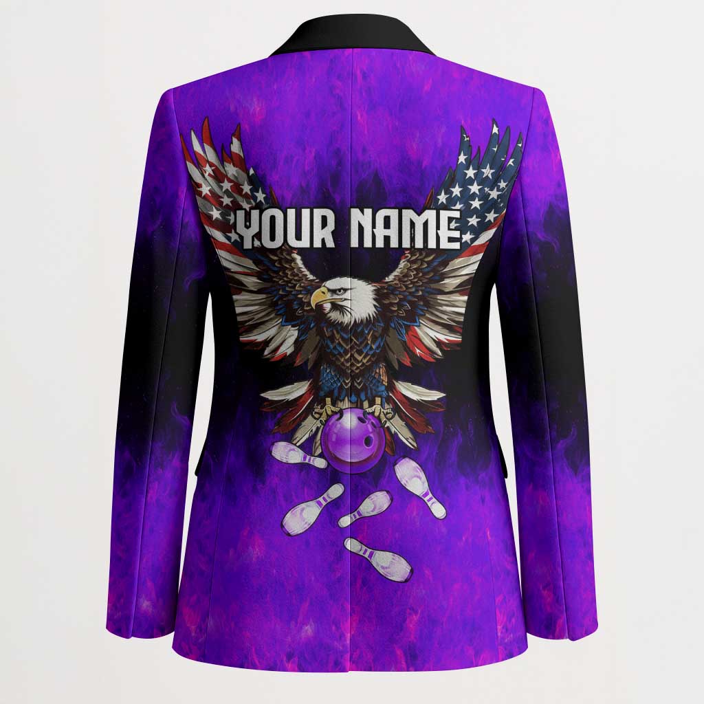 Personalized Patriotic Eagle Bowling Blazer with Purple Flames USA Flag Wings Design - Wonder Print Shop