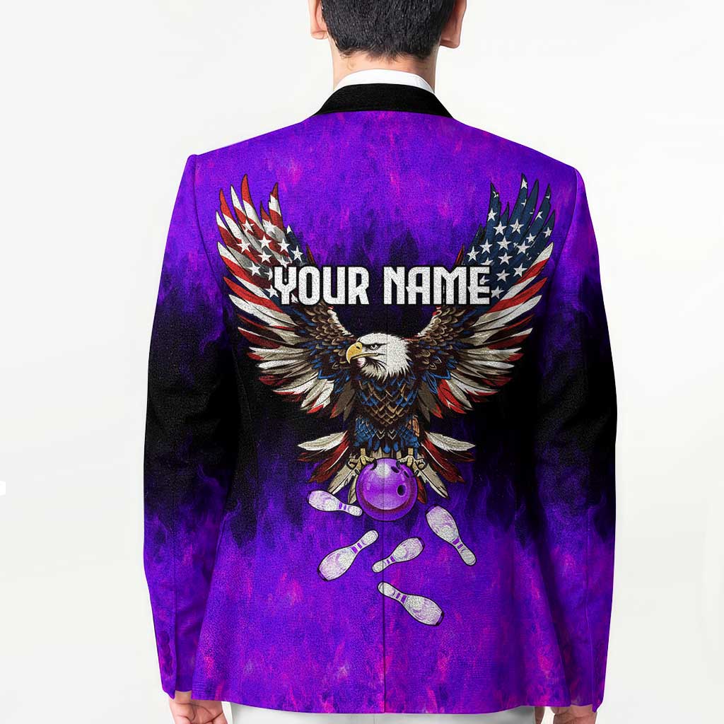 Personalized Patriotic Eagle Bowling Blazer with Purple Flames USA Flag Wings Design - Wonder Print Shop