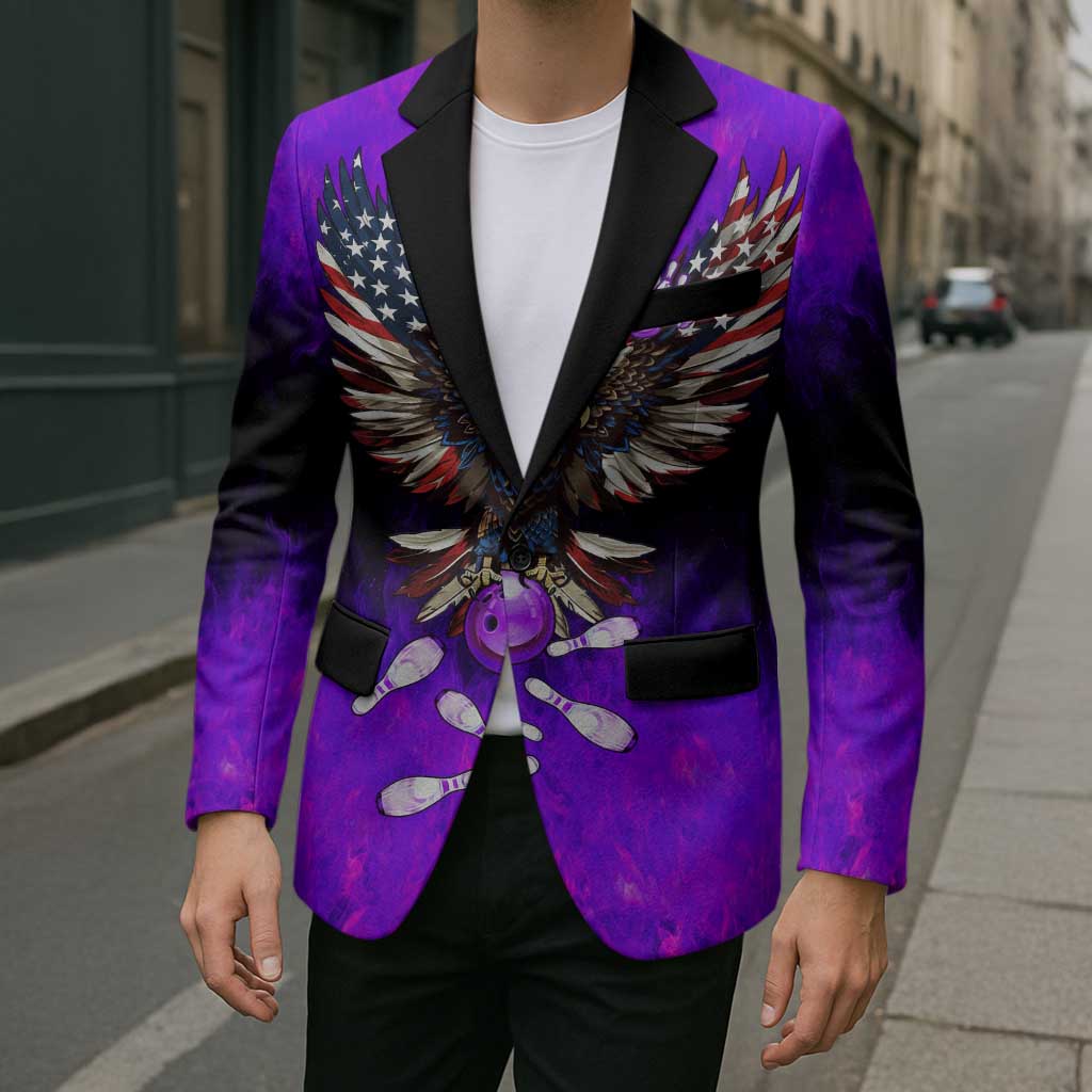 Personalized Patriotic Eagle Bowling Blazer with Purple Flames USA Flag Wings Design - Wonder Print Shop
