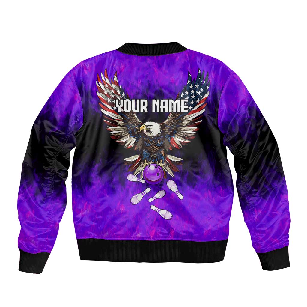Personalized Patriotic Eagle Bowling Bomber Jacket with Purple Flames USA Flag Wings Design - Wonder Print Shop
