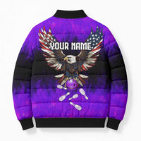 Personalized Patriotic Eagle Bowling Bomber Puffer Jacket with Purple Flames USA Flag Wings Design - Wonder Print Shop