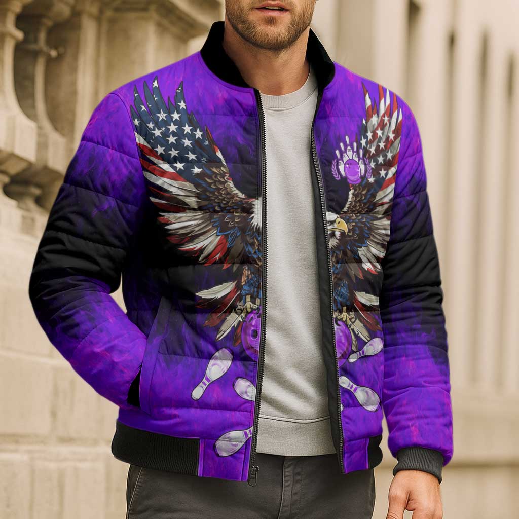 Personalized Patriotic Eagle Bowling Bomber Puffer Jacket with Purple Flames USA Flag Wings Design - Wonder Print Shop