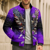 Personalized Patriotic Eagle Bowling Bomber Puffer Jacket with Purple Flames USA Flag Wings Design - Wonder Print Shop