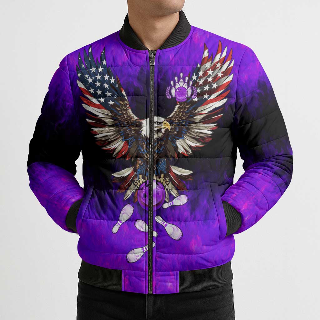 Personalized Patriotic Eagle Bowling Bomber Puffer Jacket with Purple Flames USA Flag Wings Design - Wonder Print Shop