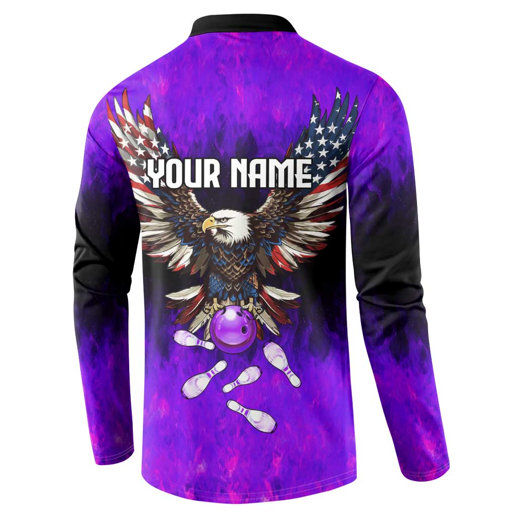 Personalized Patriotic Eagle Bowling Button Sweatshirt with Purple Flames USA Flag Wings Design - Wonder Print Shop