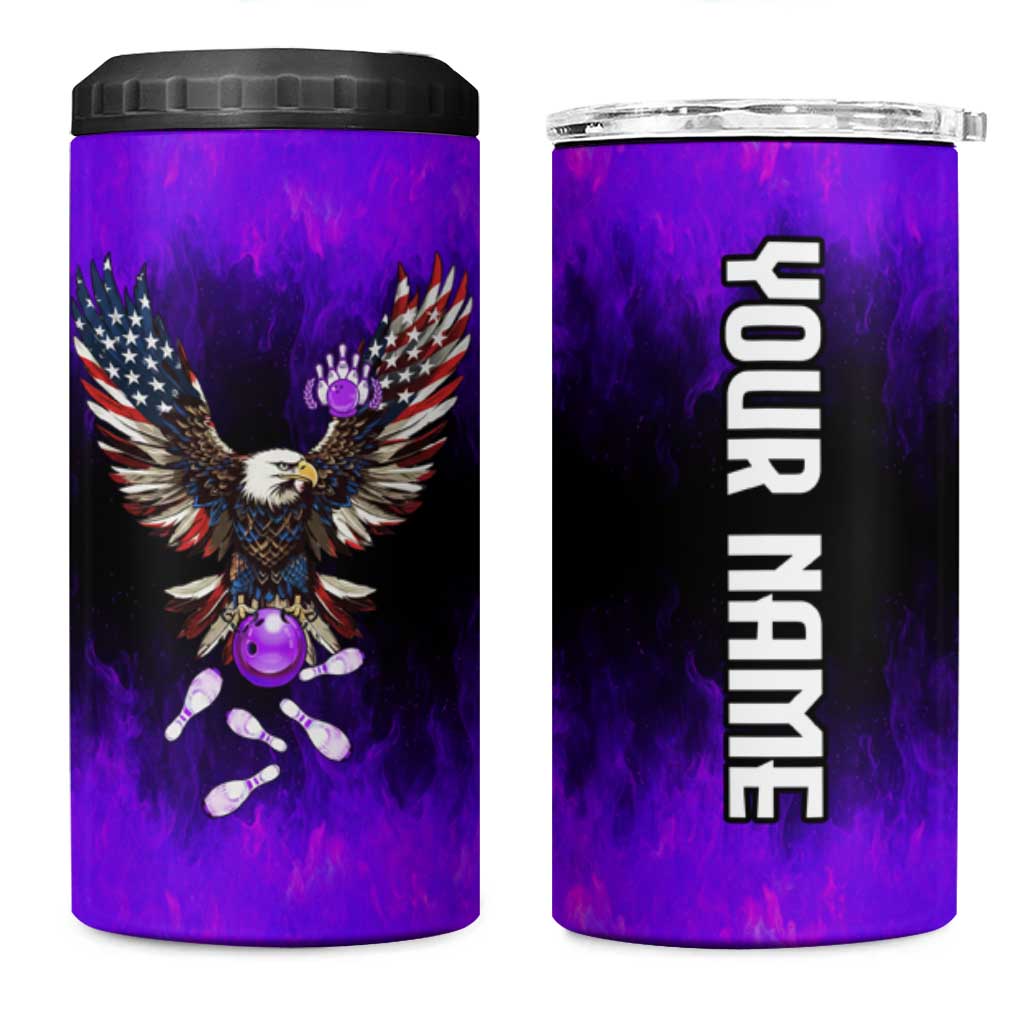 Personalized Patriotic Eagle Bowling 4 in 1 Can Cooler Tumbler with Purple Flames USA Flag Wings Design - Wonder Print Shop