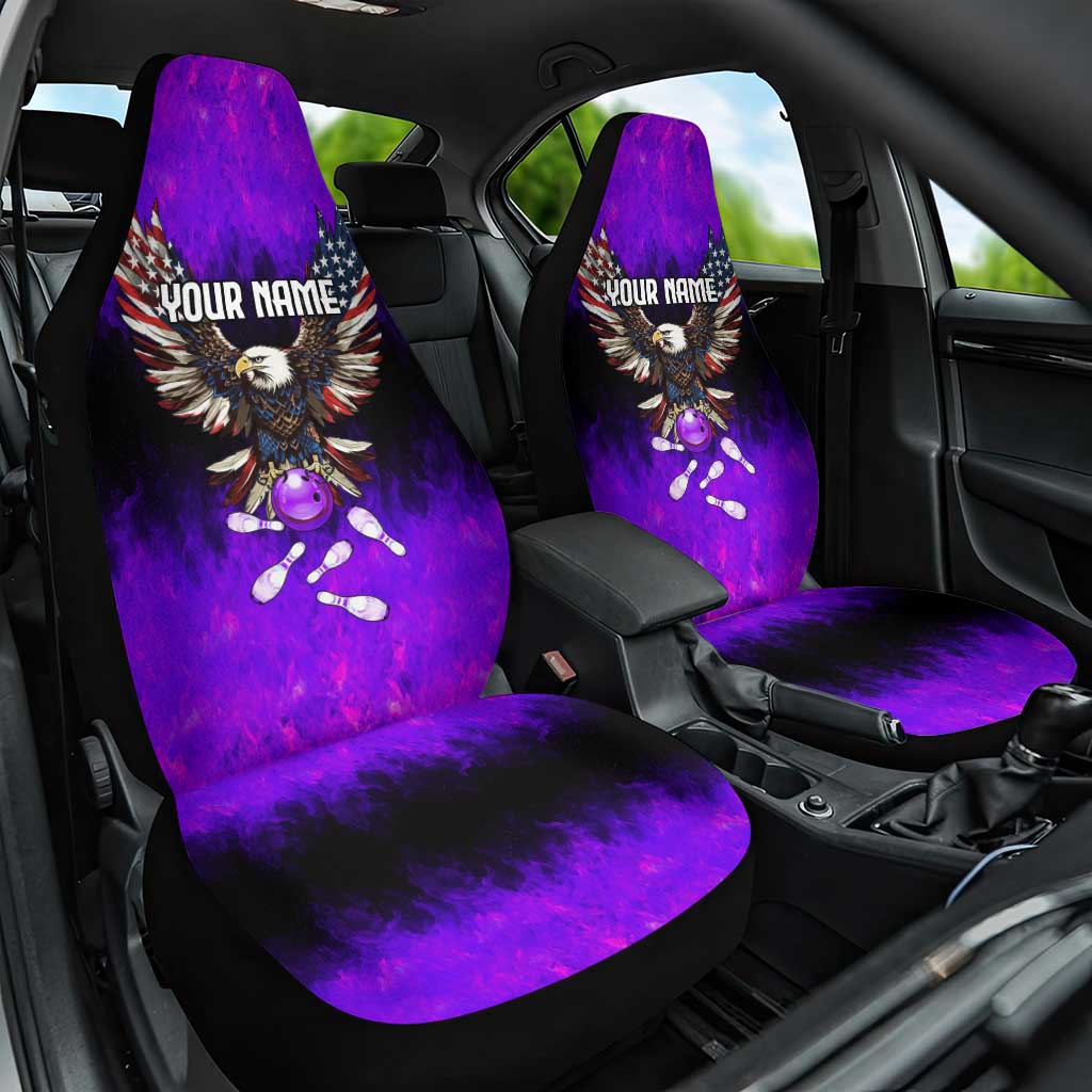 Personalized Patriotic Eagle Bowling Car Seat Cover with Purple Flames USA Flag Wings Design - Wonder Print Shop