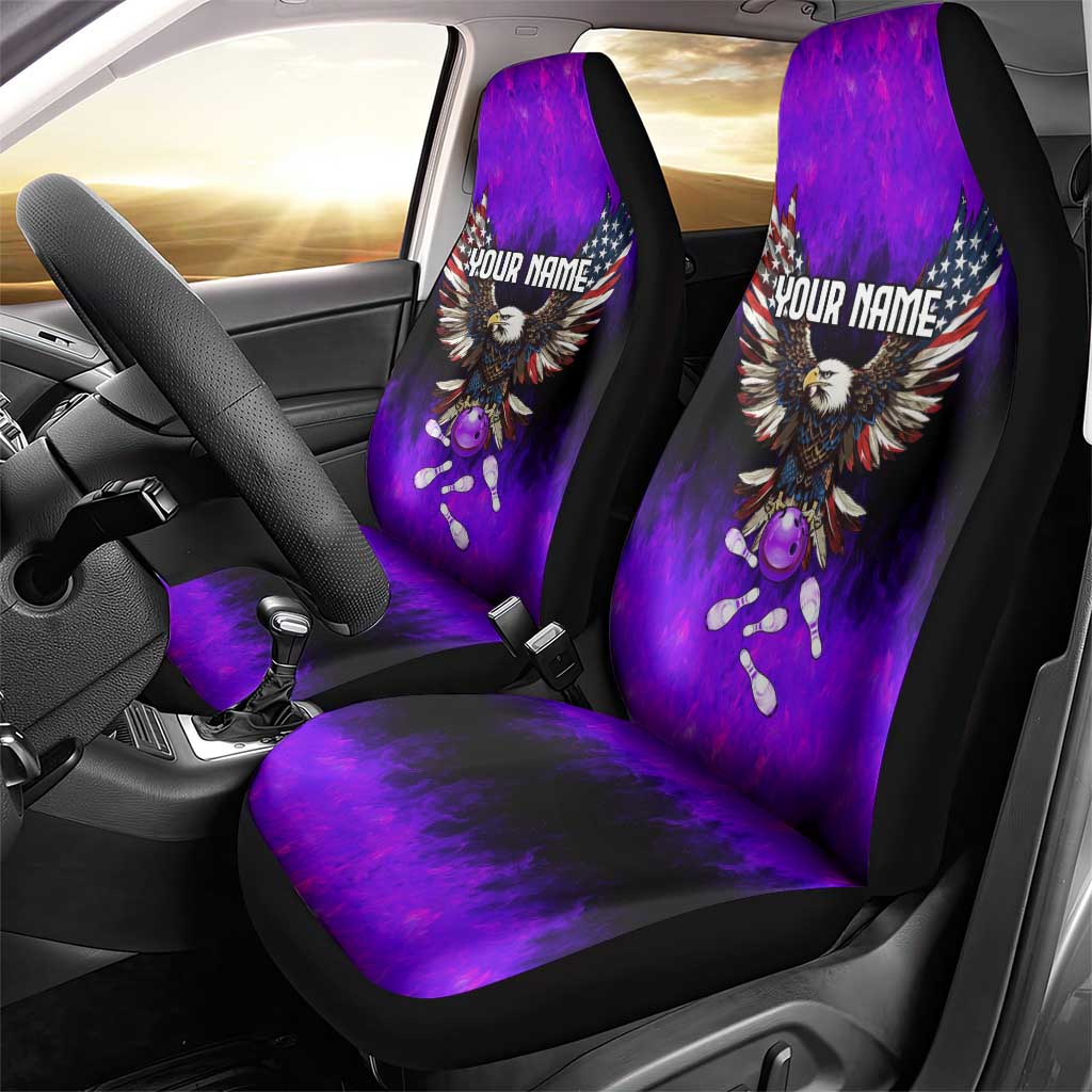 Personalized Patriotic Eagle Bowling Car Seat Cover with Purple Flames USA Flag Wings Design - Wonder Print Shop