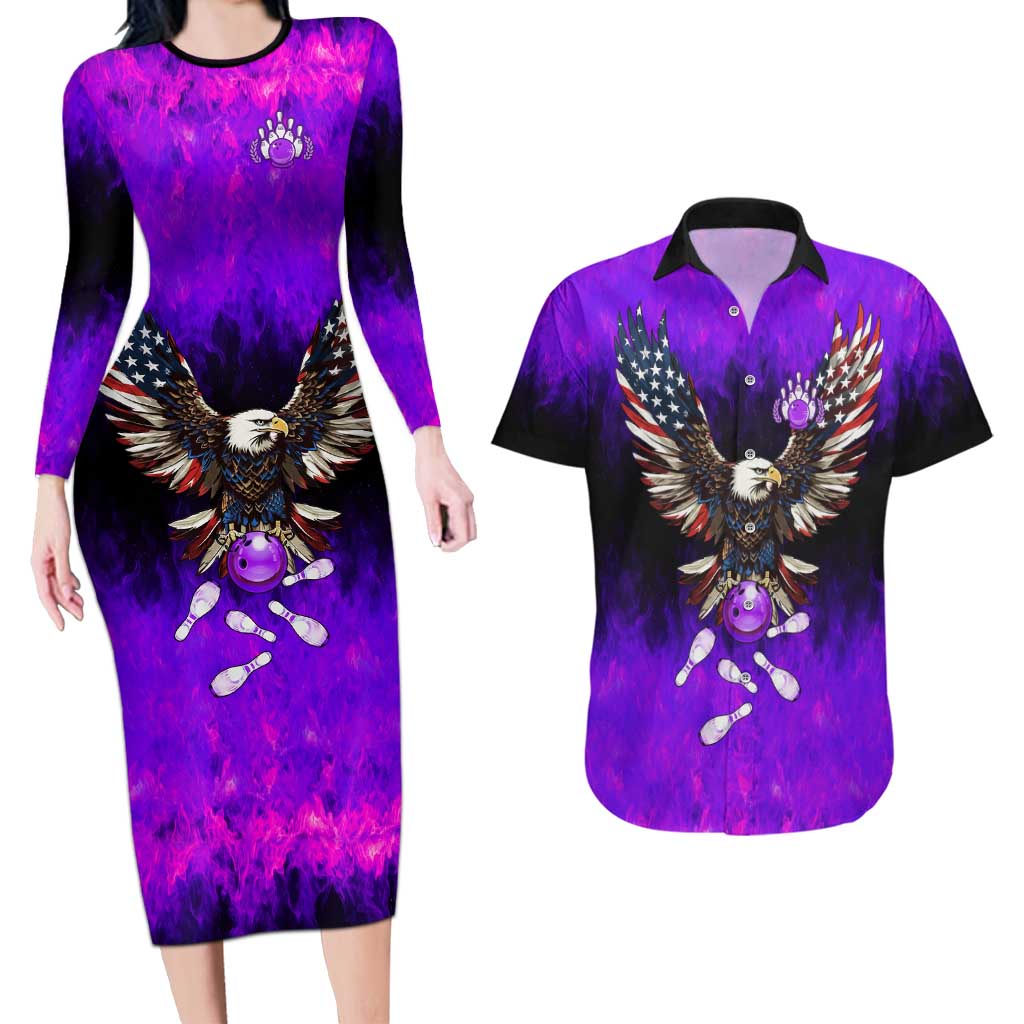 Personalized Patriotic Eagle Bowling Couples Matching Long Sleeve Bodycon Dress and Hawaiian Shirt with Purple Flames USA Flag Wings Design - Wonder Print Shop