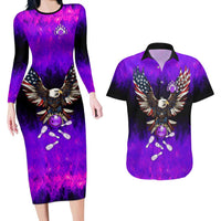 Personalized Patriotic Eagle Bowling Couples Matching Long Sleeve Bodycon Dress and Hawaiian Shirt with Purple Flames USA Flag Wings Design - Wonder Print Shop