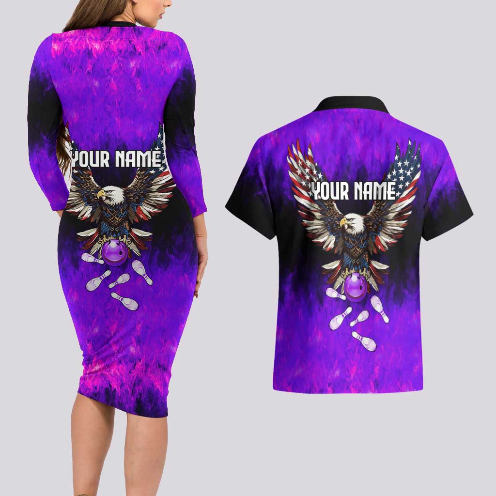 Personalized Patriotic Eagle Bowling Couples Matching Long Sleeve Bodycon Dress and Hawaiian Shirt with Purple Flames USA Flag Wings Design - Wonder Print Shop