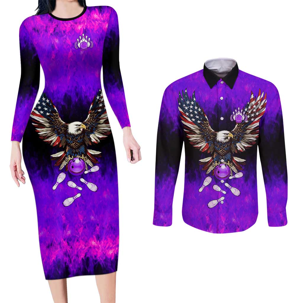 Personalized Patriotic Eagle Bowling Couples Matching Long Sleeve Bodycon Dress and Long Sleeve Button Shirt with Purple Flames USA Flag Wings Design - Wonder Print Shop