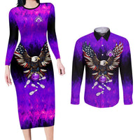 Personalized Patriotic Eagle Bowling Couples Matching Long Sleeve Bodycon Dress and Long Sleeve Button Shirt with Purple Flames USA Flag Wings Design - Wonder Print Shop