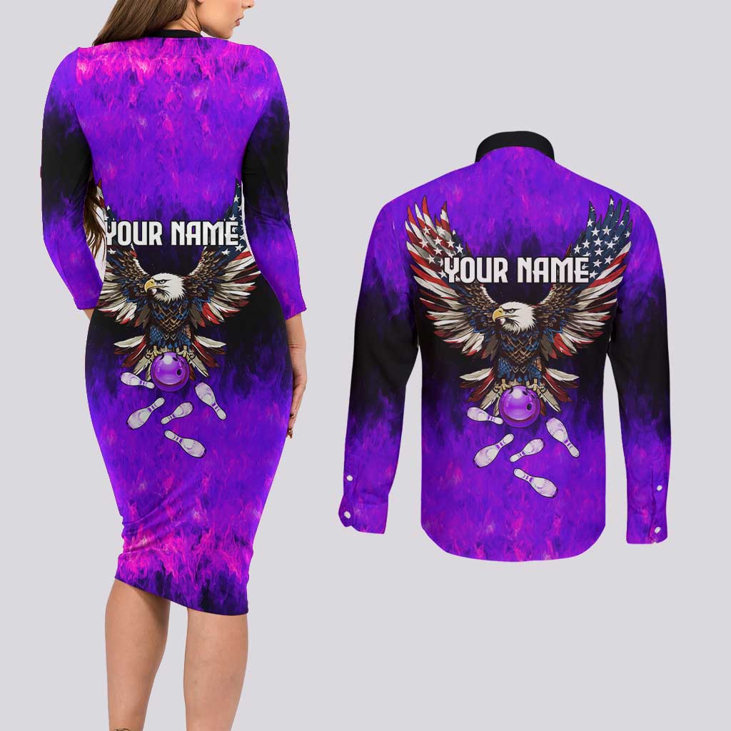 Personalized Patriotic Eagle Bowling Couples Matching Long Sleeve Bodycon Dress and Long Sleeve Button Shirt with Purple Flames USA Flag Wings Design - Wonder Print Shop