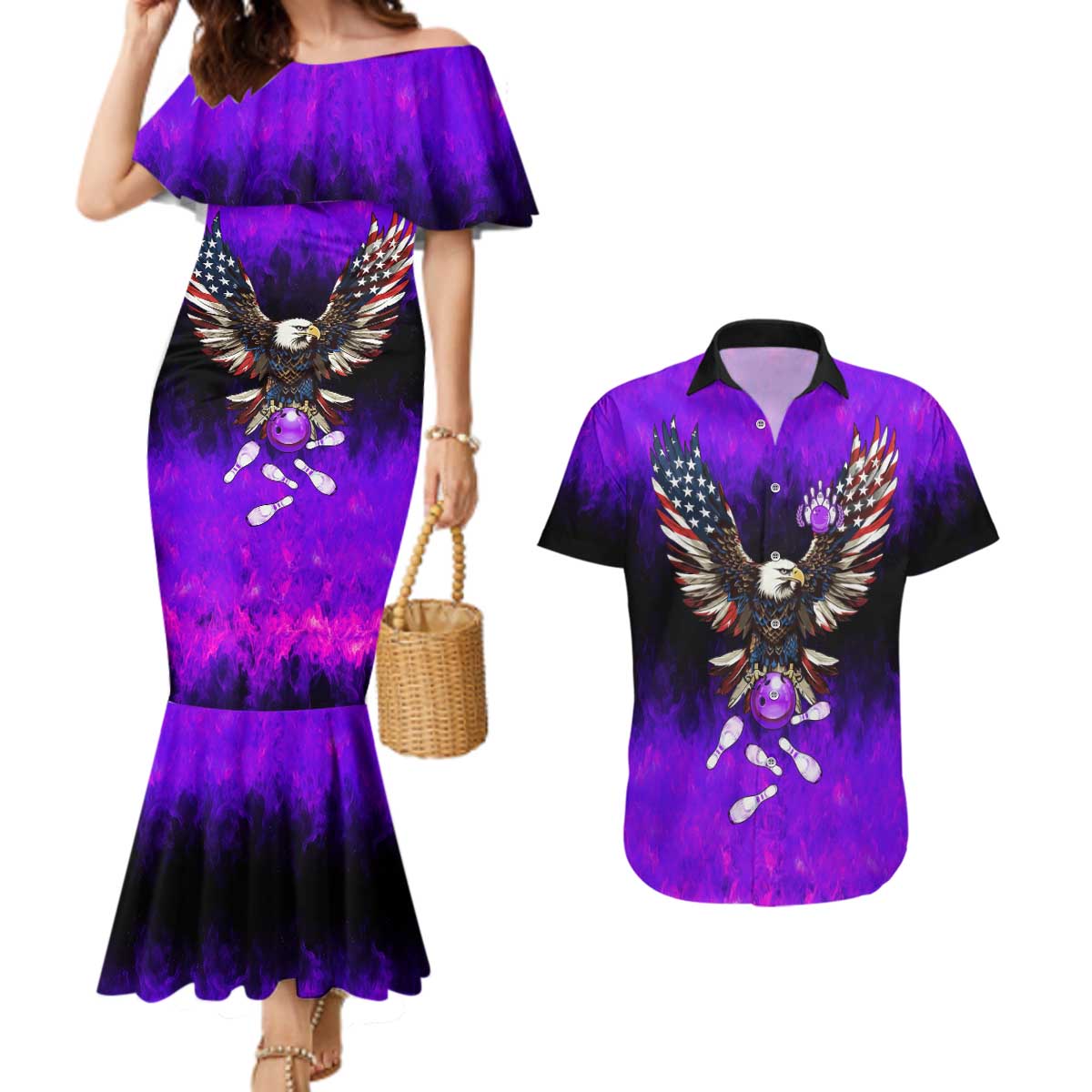 Personalized Patriotic Eagle Bowling Couples Matching Mermaid Dress and Hawaiian Shirt with Purple Flames USA Flag Wings Design - Wonder Print Shop