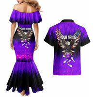 Personalized Patriotic Eagle Bowling Couples Matching Mermaid Dress and Hawaiian Shirt with Purple Flames USA Flag Wings Design - Wonder Print Shop