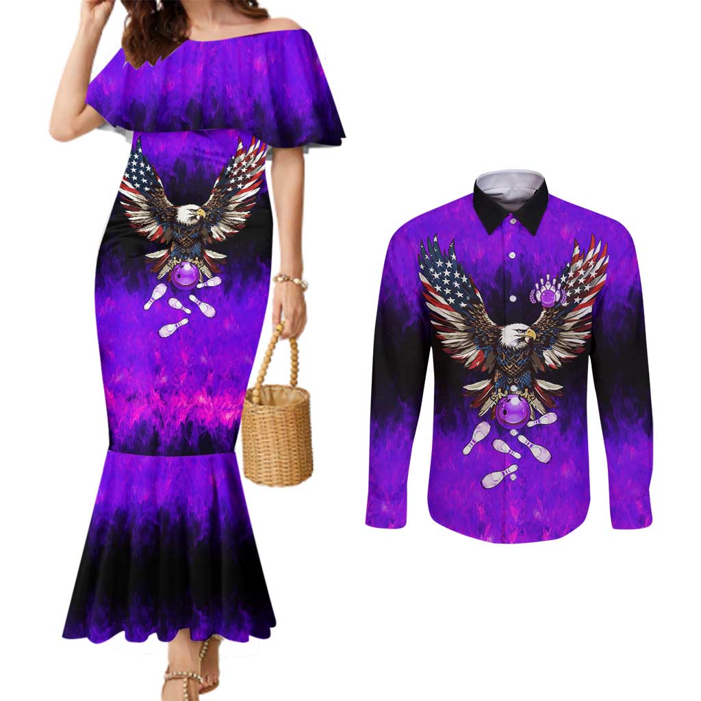 Personalized Patriotic Eagle Bowling Couples Matching Mermaid Dress and Long Sleeve Button Shirt with Purple Flames USA Flag Wings Design - Wonder Print Shop