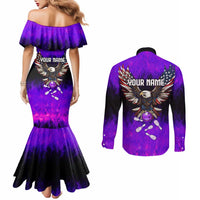 Personalized Patriotic Eagle Bowling Couples Matching Mermaid Dress and Long Sleeve Button Shirt with Purple Flames USA Flag Wings Design - Wonder Print Shop