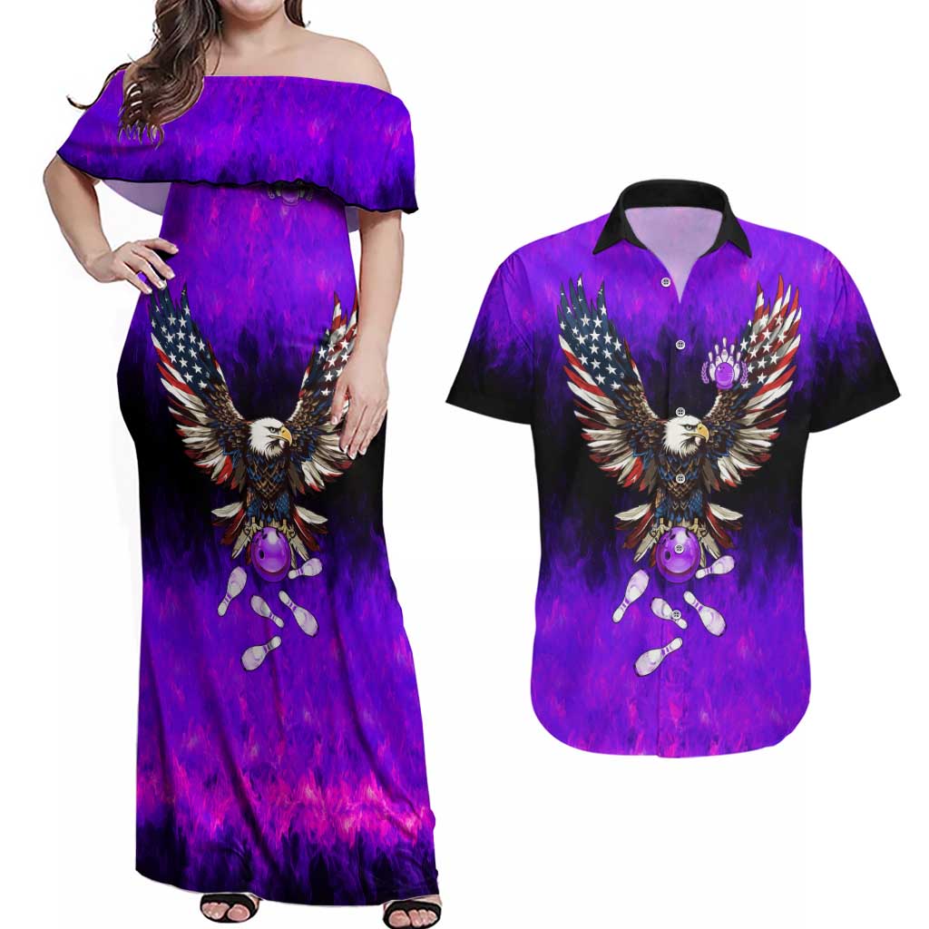 Personalized Patriotic Eagle Bowling Couples Matching Off Shoulder Maxi Dress and Hawaiian Shirt with Purple Flames USA Flag Wings Design - Wonder Print Shop