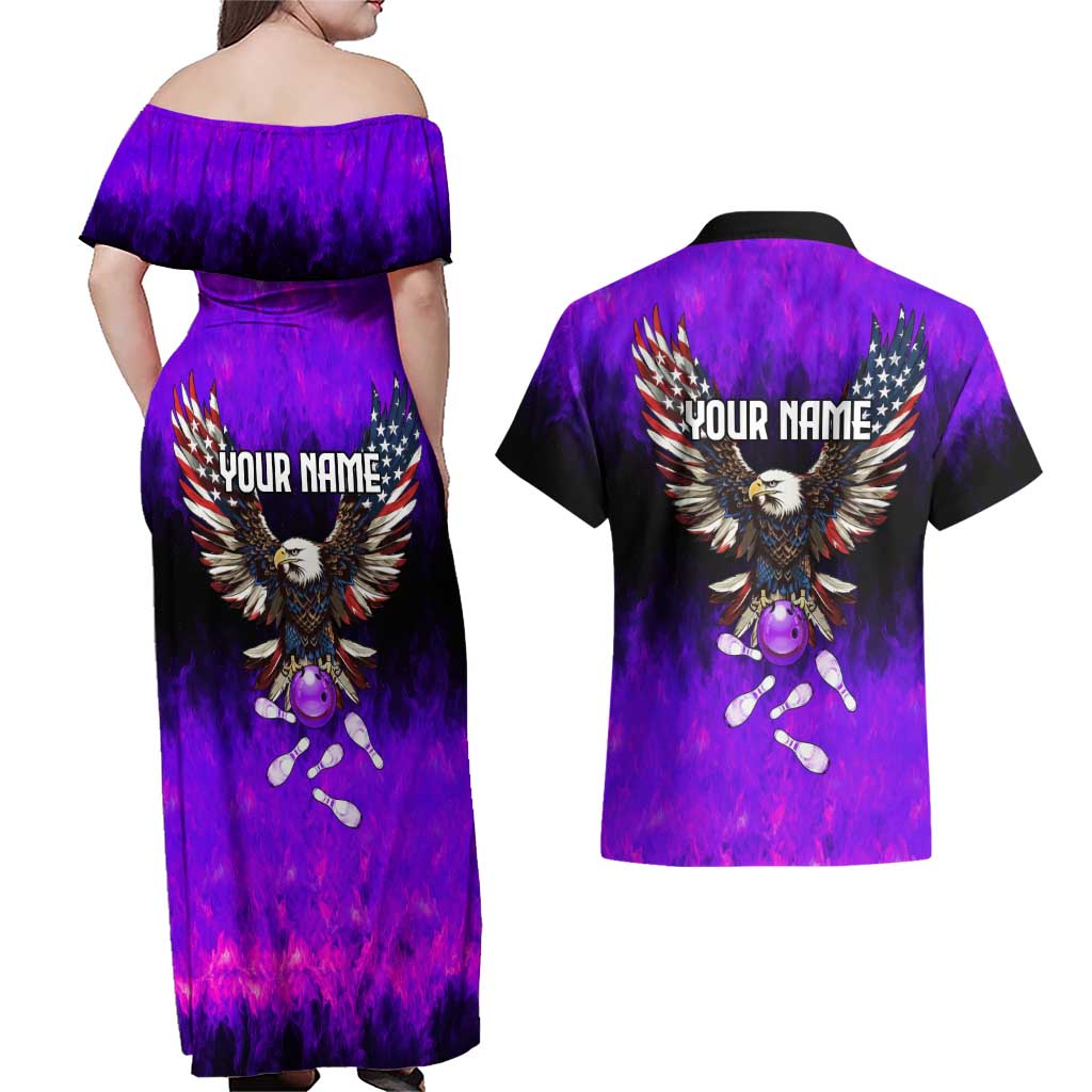 Personalized Patriotic Eagle Bowling Couples Matching Off Shoulder Maxi Dress and Hawaiian Shirt with Purple Flames USA Flag Wings Design - Wonder Print Shop
