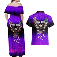 Personalized Patriotic Eagle Bowling Couples Matching Off Shoulder Maxi Dress and Hawaiian Shirt with Purple Flames USA Flag Wings Design - Wonder Print Shop