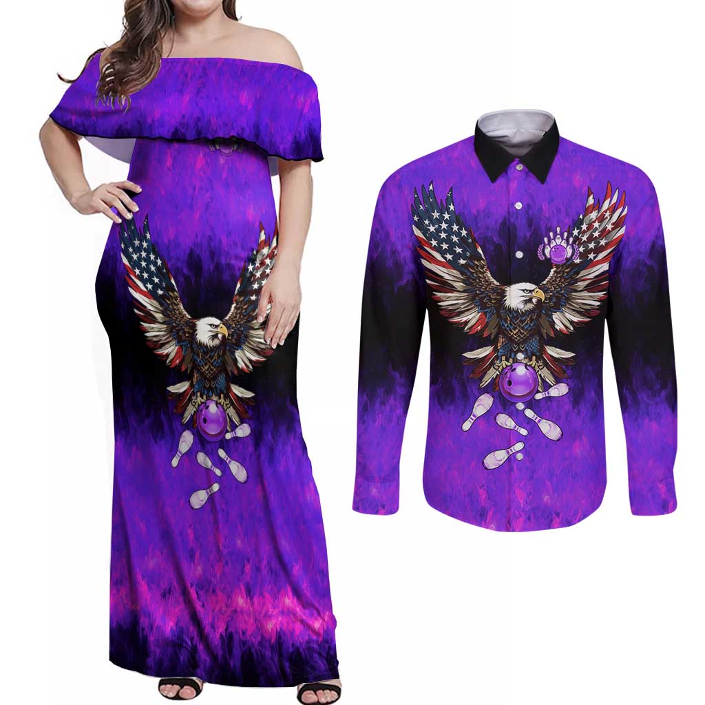 Personalized Patriotic Eagle Bowling Couples Matching Off Shoulder Maxi Dress and Long Sleeve Button Shirt with Purple Flames USA Flag Wings Design - Wonder Print Shop
