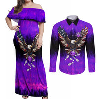 Personalized Patriotic Eagle Bowling Couples Matching Off Shoulder Maxi Dress and Long Sleeve Button Shirt with Purple Flames USA Flag Wings Design - Wonder Print Shop