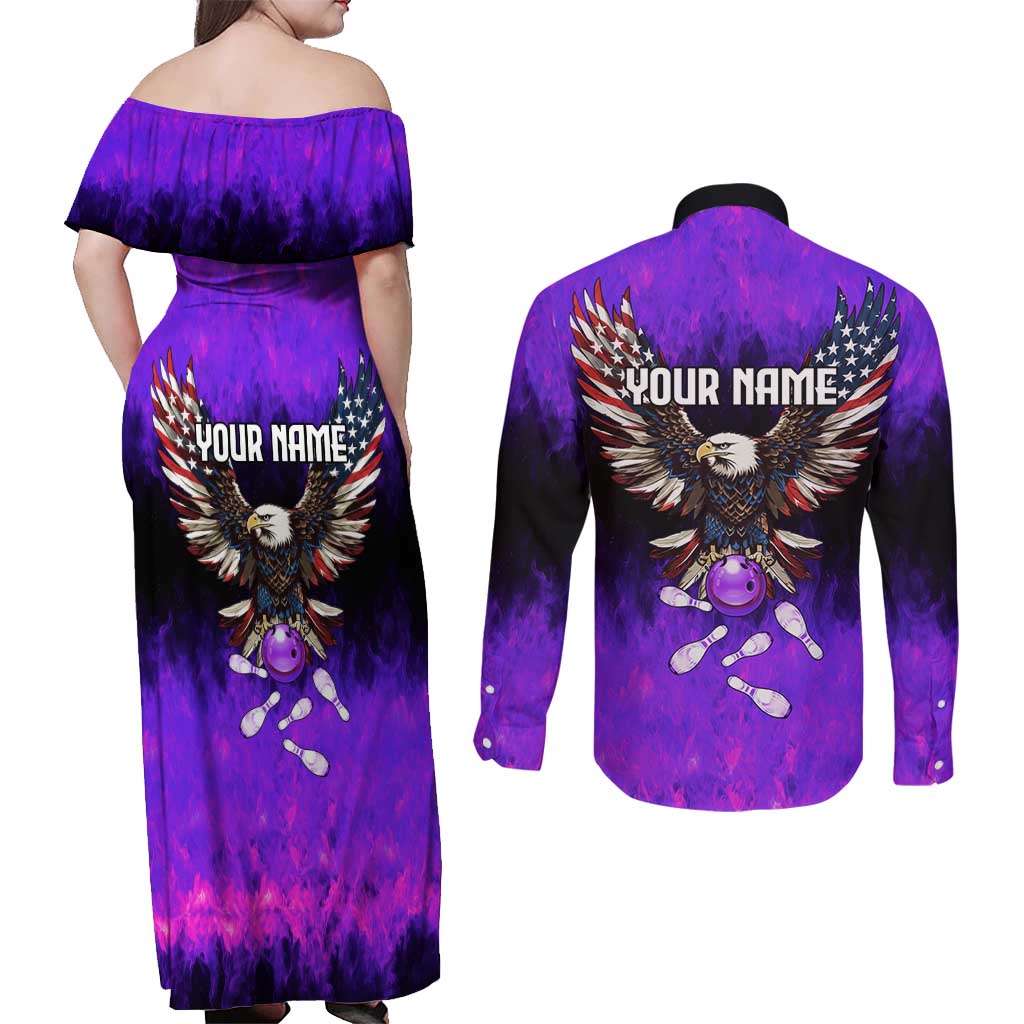 Personalized Patriotic Eagle Bowling Couples Matching Off Shoulder Maxi Dress and Long Sleeve Button Shirt with Purple Flames USA Flag Wings Design - Wonder Print Shop