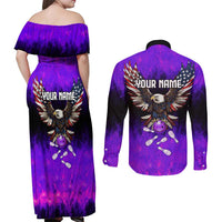 Personalized Patriotic Eagle Bowling Couples Matching Off Shoulder Maxi Dress and Long Sleeve Button Shirt with Purple Flames USA Flag Wings Design - Wonder Print Shop