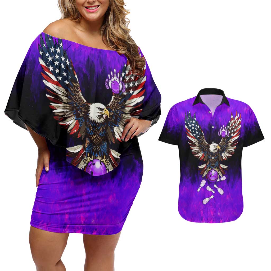 Personalized Patriotic Eagle Bowling Couples Matching Off Shoulder Short Dress and Hawaiian Shirt with Purple Flames USA Flag Wings Design - Wonder Print Shop