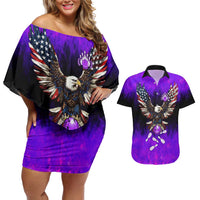 Personalized Patriotic Eagle Bowling Couples Matching Off Shoulder Short Dress and Hawaiian Shirt with Purple Flames USA Flag Wings Design - Wonder Print Shop