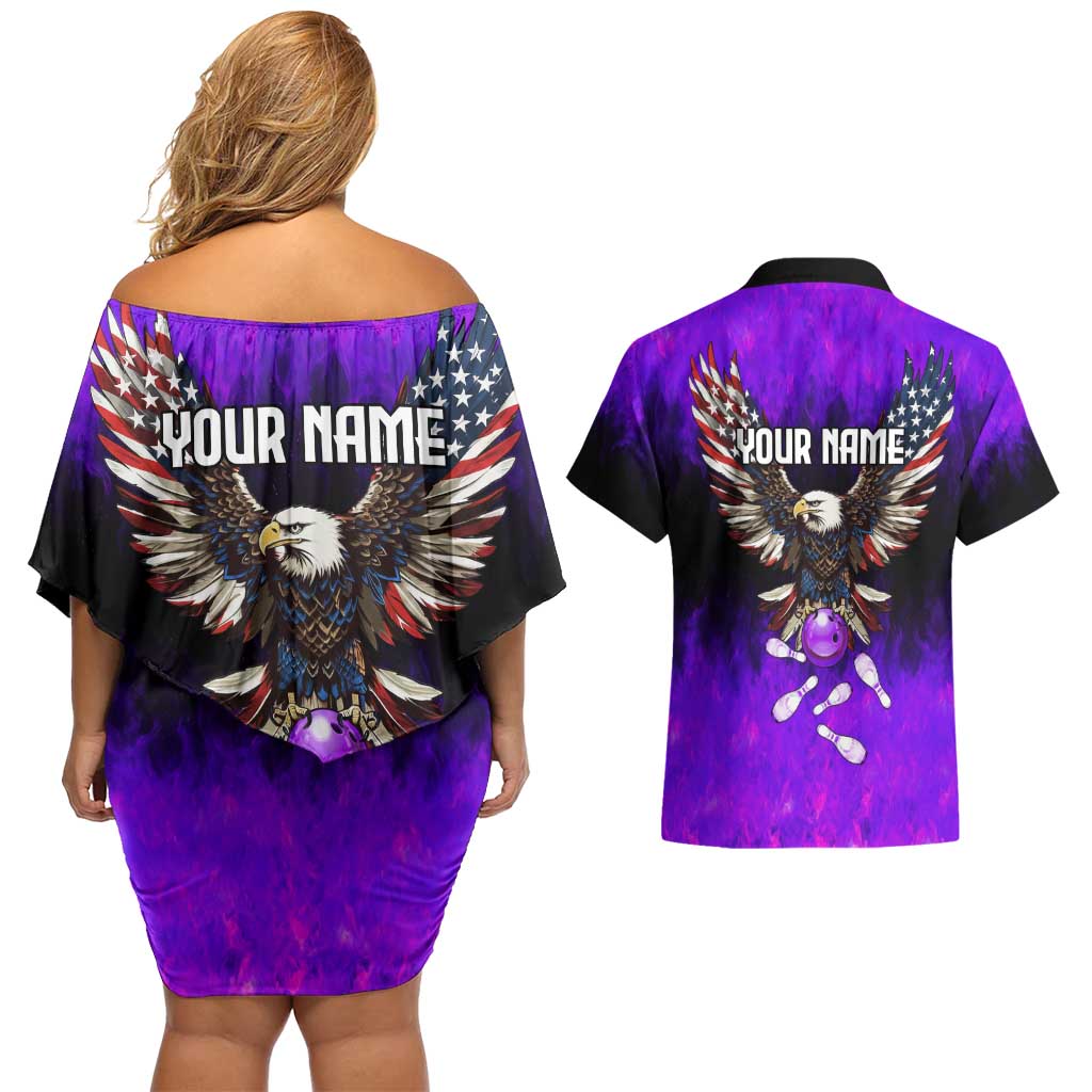 Personalized Patriotic Eagle Bowling Couples Matching Off Shoulder Short Dress and Hawaiian Shirt with Purple Flames USA Flag Wings Design - Wonder Print Shop