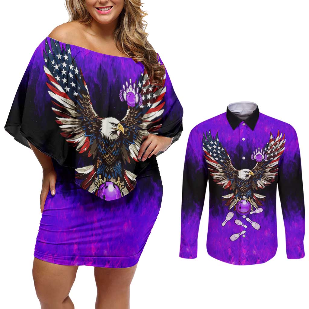 Personalized Patriotic Eagle Bowling Couples Matching Off Shoulder Short Dress and Long Sleeve Button Shirt with Purple Flames USA Flag Wings Design - Wonder Print Shop