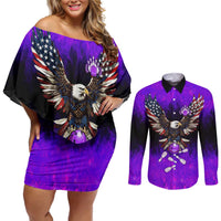 Personalized Patriotic Eagle Bowling Couples Matching Off Shoulder Short Dress and Long Sleeve Button Shirt with Purple Flames USA Flag Wings Design - Wonder Print Shop