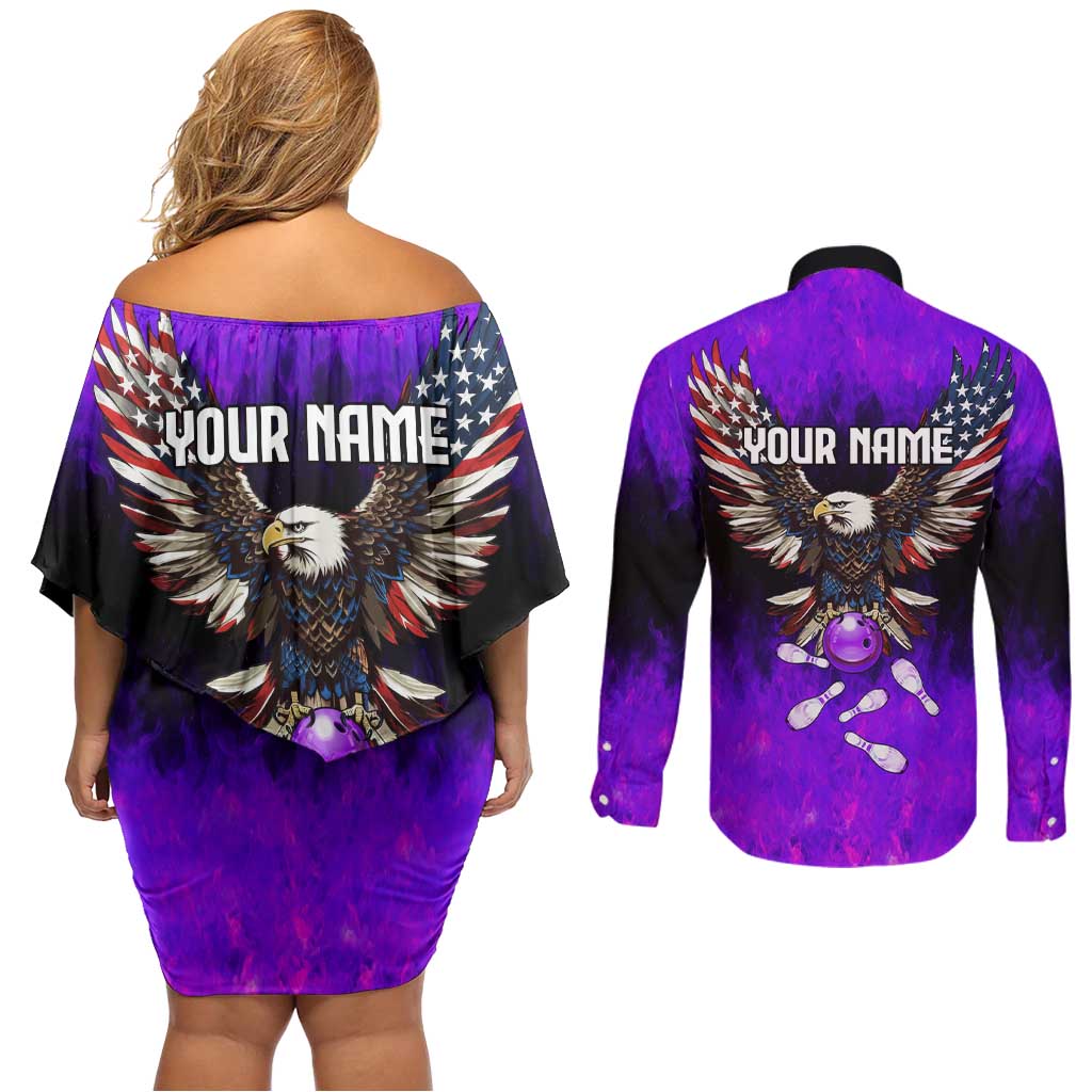 Personalized Patriotic Eagle Bowling Couples Matching Off Shoulder Short Dress and Long Sleeve Button Shirt with Purple Flames USA Flag Wings Design - Wonder Print Shop
