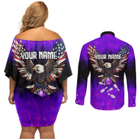 Personalized Patriotic Eagle Bowling Couples Matching Off Shoulder Short Dress and Long Sleeve Button Shirt with Purple Flames USA Flag Wings Design - Wonder Print Shop